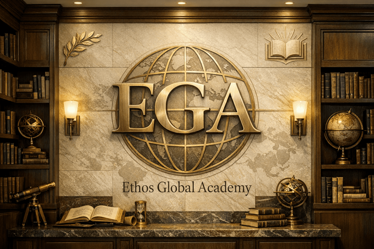 Logo Ethos Global Academy doré sur globe, entouré de bibliothèques classiques et instruments anciens.