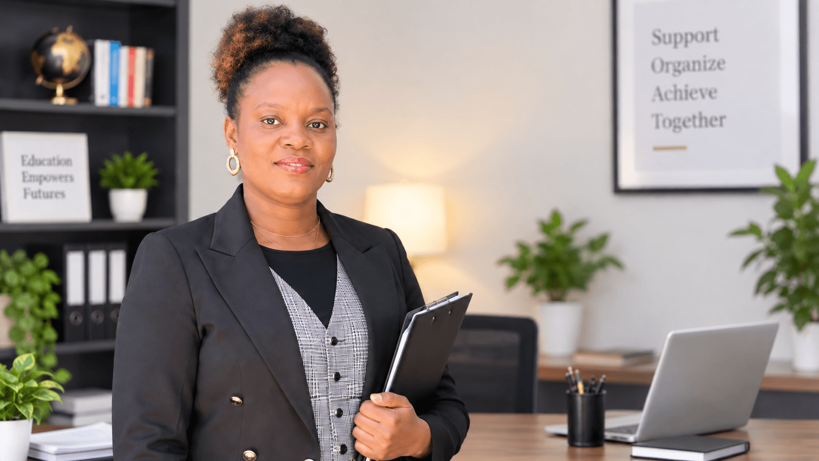 Femme professionnelle noire en costume tenant un porte-bloc dans un bureau moderne et lumineux.